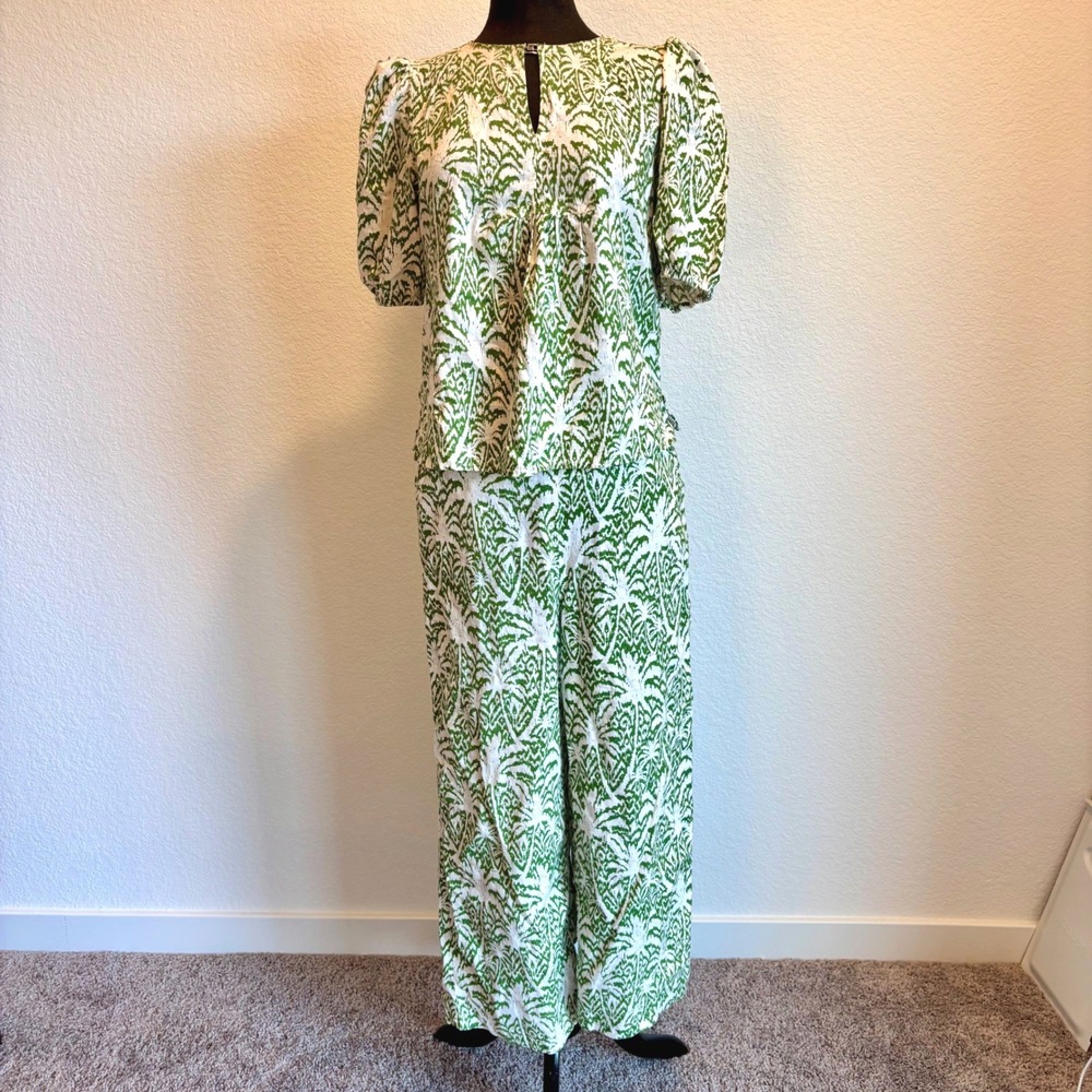 Panama Jack Womens Green White Palm Linen Blend Top and Wide Leg Pants Set M